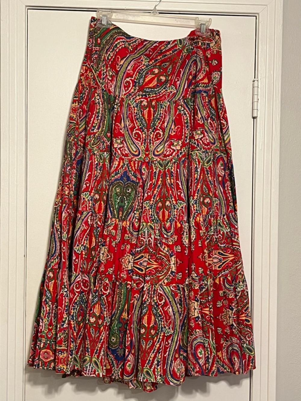 Vintage Lauren Ralph Lauren Red Tiered Paisley Boho Maxi Skirt Size M EUC